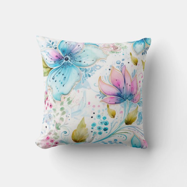 Coussin Aquarelle Florale Rose & Bleu (Recto)