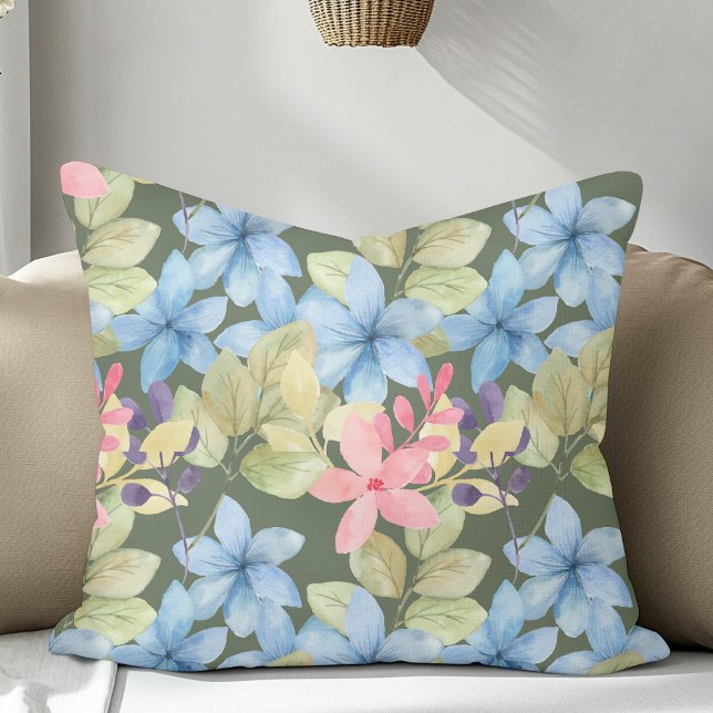 Coussin Aquarelle Florale Rose Et Bleu Pastel Vert Foncé (Créateur téléchargé)