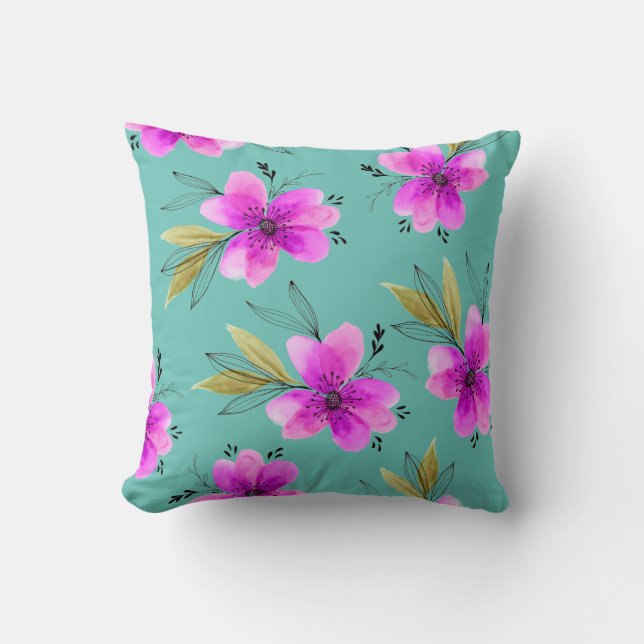 Coussin Aquarelle florale rose et turquoise (Recto)