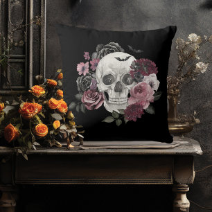 Coussin Aquarelle Florale Squelette Goth Halloween Monogra