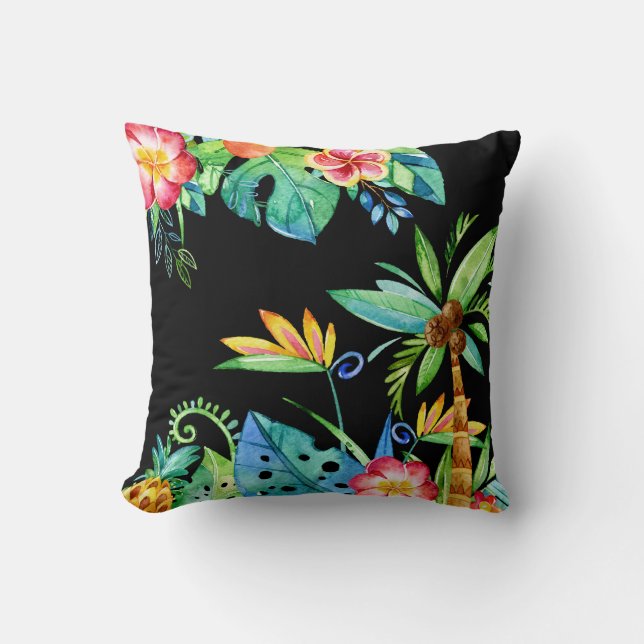 Coussin Aquarelle florale tropicale noire (Recto)