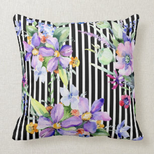 Coussin Aquarelle florale violette/Coussin de bande noire
