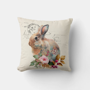 Coussin Aquarelle française vintage lapin et fleurs