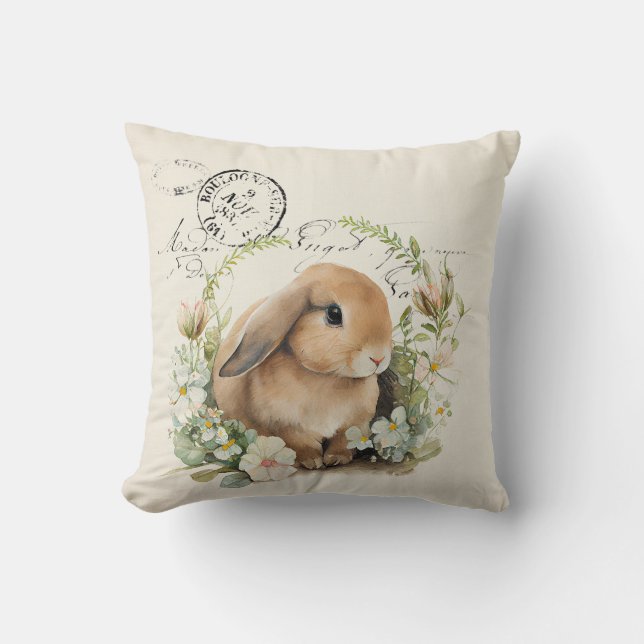 Coussin Aquarelle française vintage lapin et fleurs (Recto)
