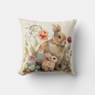 Coussin Aquarelle française vintage lapin et fleurs Thro