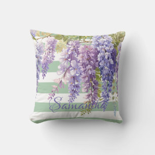 Coussin Aquarelle glycine bandes vert floral