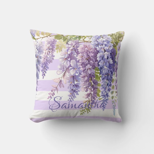 Coussin Aquarelle glycine florale violet strié (Recto)