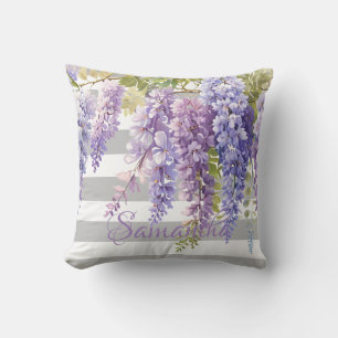 Coussin Aquarelle glycine gris floral strié