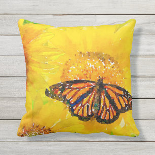 Coussin Aquarelle Grand Tournesol jaune et Papillon