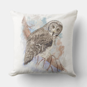 Coussin Aquarelle Grande Chouette gris Oiseau Nature Art
