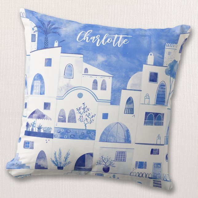 Coussin Aquarelle grecque de Santorin personnalisée (Créateur téléchargé)