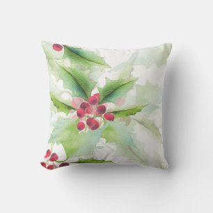 Coussin Aquarelle Green Holly Red Berry Noël