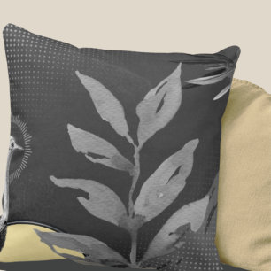 Coussin Aquarelle gris foncé et jaune Feuille autruche