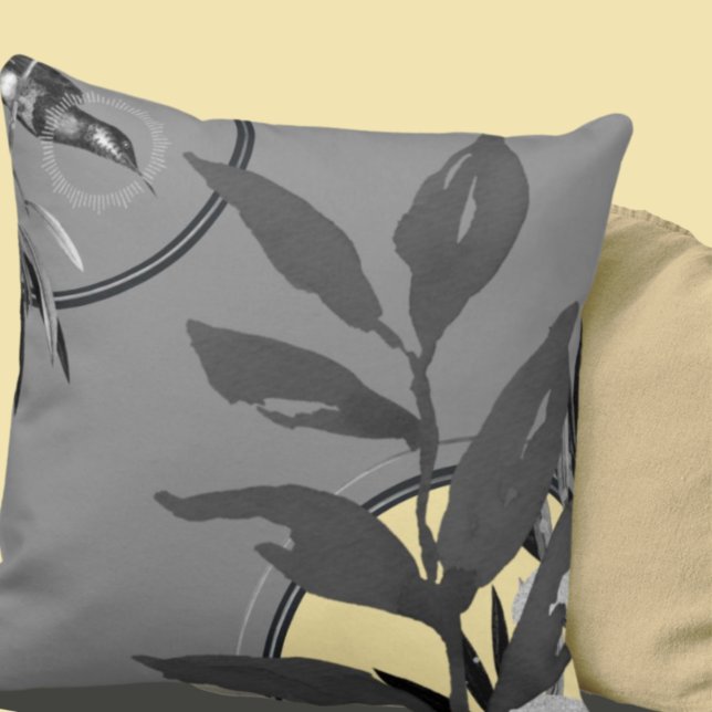 Coussin Aquarelle gris foncé et jaune Feuille Colibri (Créateur téléchargé)