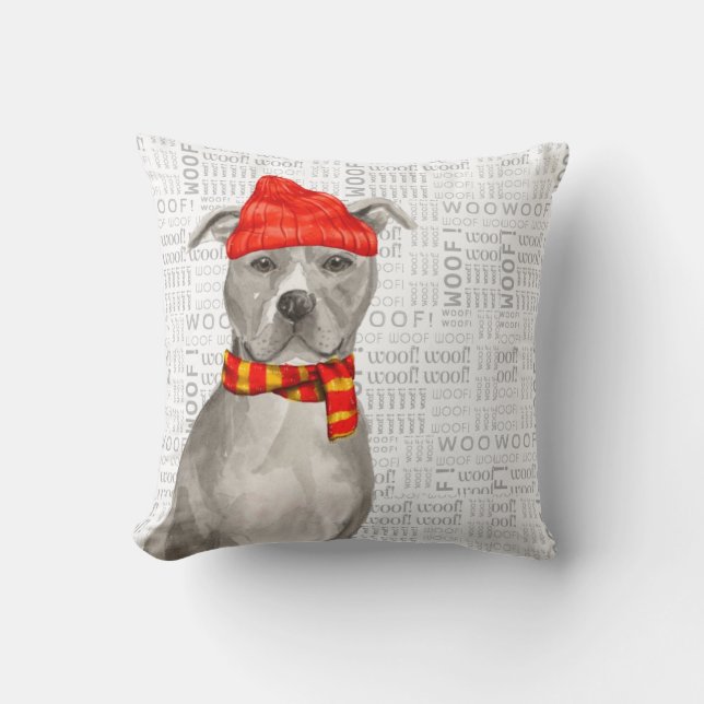 Coussin Aquarelle gris Pit Bull Terrier Noël (Recto)