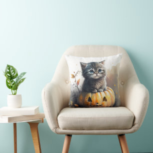 Coussin Aquarelle Halloween Kitten dans un Jack-o-lanterne