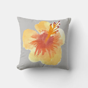 Coussin Aquarelle Hawaï Hibiscus Jaune et Gris Floral
