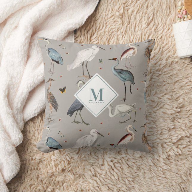 Coussin Aquarelle Heron Bird Egret Nature Monogramme (Couverture)