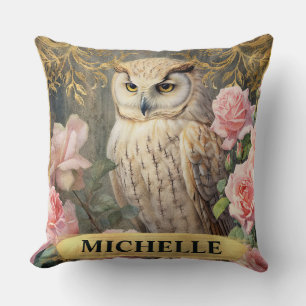 Coussin Aquarelle Hibou Blanc Vintage et Roses Roses
