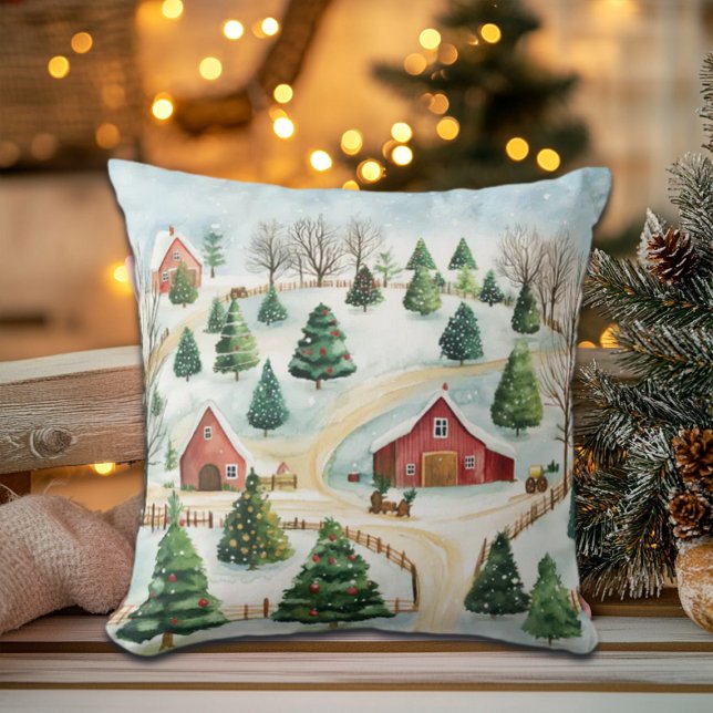 Coussin Aquarelle Hiver Paysage rustique avec Fir Trees (Créateur téléchargé)