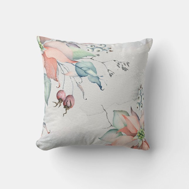 Coussin Aquarelle Holly Berries et Poinsettias Noël (Recto)