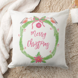 Coussin Aquarelle Holly Wreath Joyeux Noël