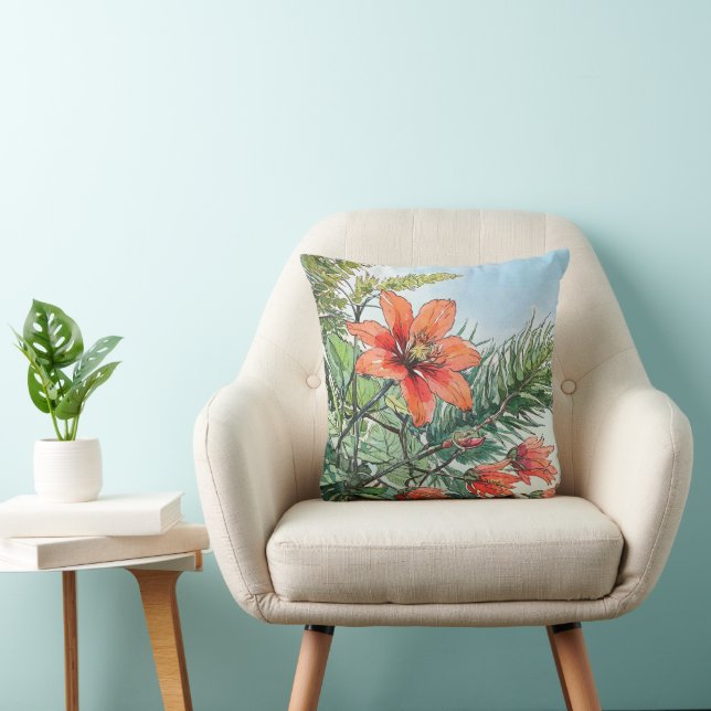 Coussin Aquarelle illustrée Botanique Orange Floral (Chaise)