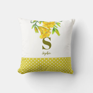 Coussin Aquarelle Jaune Lys Jaune Art Floral Monogramme