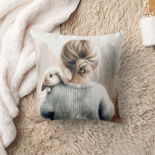 Coussin Aquarelle Jeune fille avec lapin animal (Couverture)