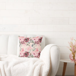 Coussin Aquarelle Joli rose floral et Bourgogne