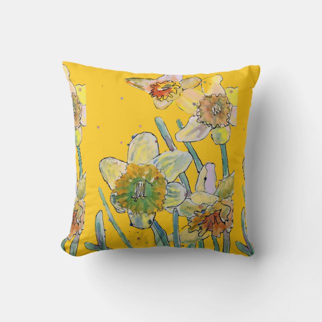 Coussin Aquarelle jonquille Jaune Fleur florale Cushion (Recto)