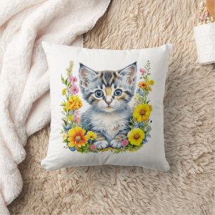 Coussin Aquarelle Kitten en Fleurs roses et jaunes