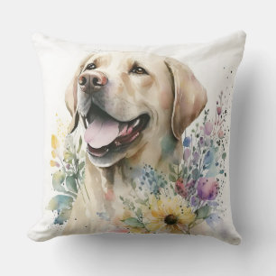 Coussin Aquarelle Labrador Retriever doré et fleurs
