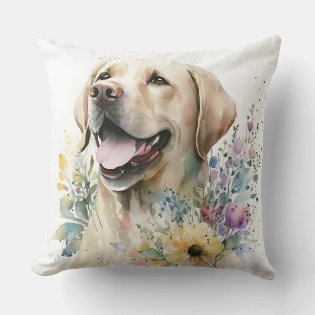 Coussin Aquarelle Labrador Retriever doré et fleurs (Recto)