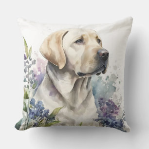 Coussin Aquarelle Labrador Retriever doré et fleurs