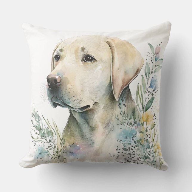 Coussin Aquarelle Labrador Retriever doré et fleurs (Recto)