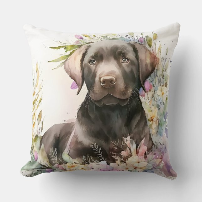 Coussin Aquarelle Labrador Retriever marron et fleurs (Recto)