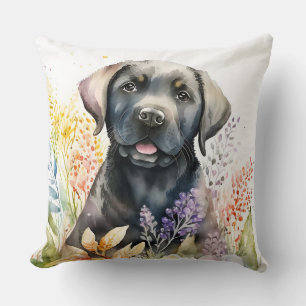 Coussin Aquarelle Labrador Retriever noir et fleurs