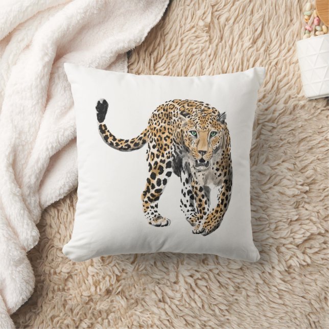Coussin aquarelle léopard jungle chat animal peint vert (Couverture)
