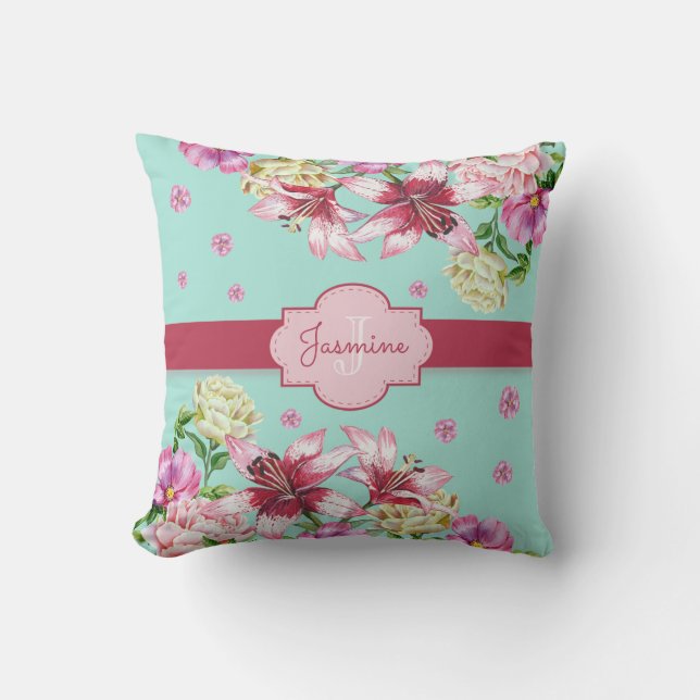 Coussin Aquarelle Lily & Peony Floral Aqua Monogramme (Recto)