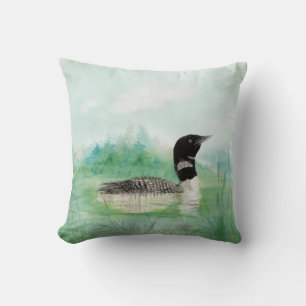 Coussin Aquarelle Loon Wilderness Lake Bird Nature Art