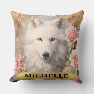 Coussin Aquarelle Loup Blanc Vintage et Roses Roses