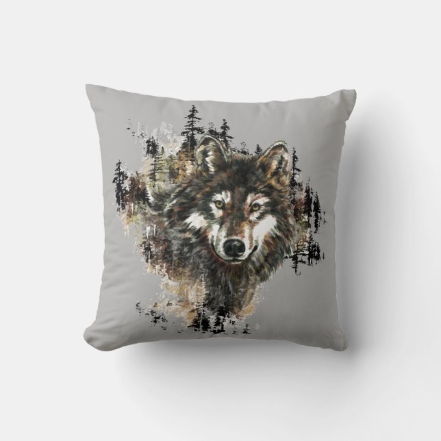 Coussin Aquarelle Loup sauvage Montagne Animal Nature Art (Recto)