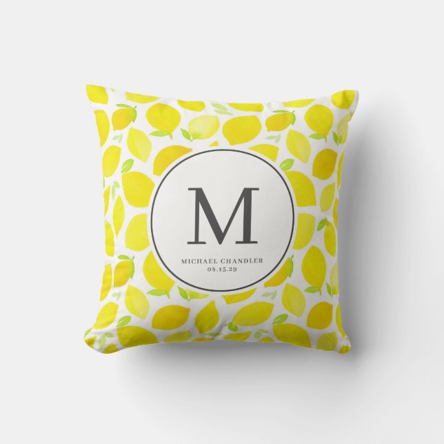 Coussin Aquarelle Lumineuse Citron Jaune Motif Monogramme (Recto)