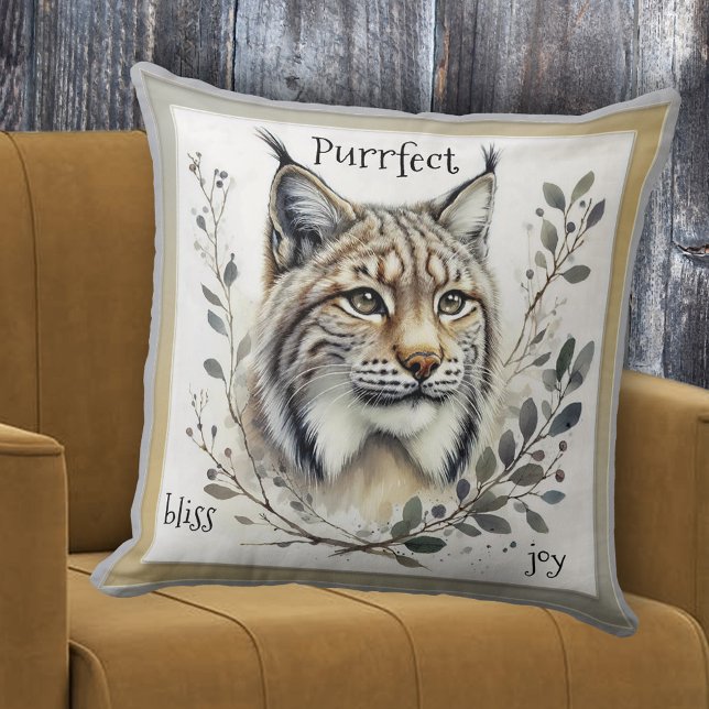 Coussin Aquarelle Lynx Big Cat (Pillow featuring a modern watercolor painting of a lynx with some vegetation - big cat - cat lover)