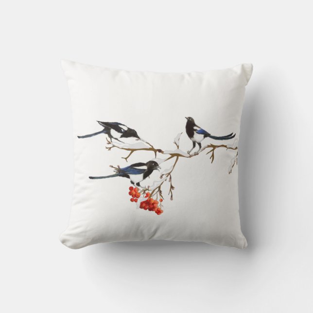 Coussin Aquarelle Magpie Oiseaux Nature Art (Recto)