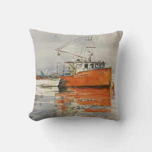 Coussin Aquarelle Maine Bateau de pêche Océan Orange Grey