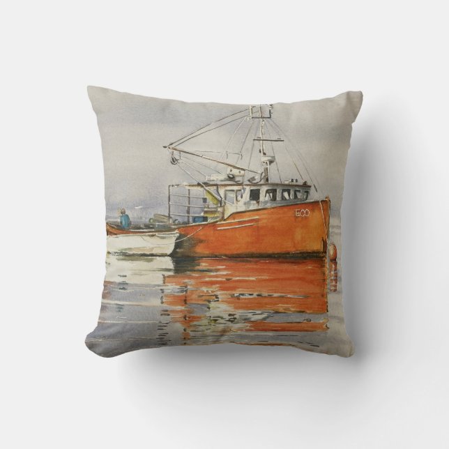 Coussin Aquarelle Maine Bateau de pêche Océan Orange Grey (Recto)