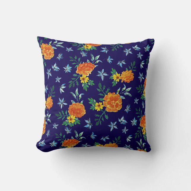 Coussin Aquarelle Marigold Fleurs de Borage Marine Bleu (Recto)