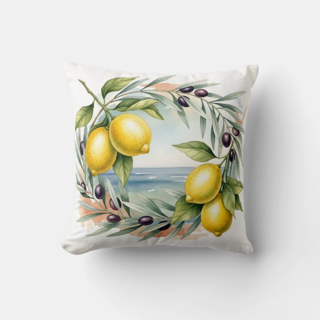 Coussin Aquarelle Méditerranéenne Citron et Branche d'Oliv (Recto)